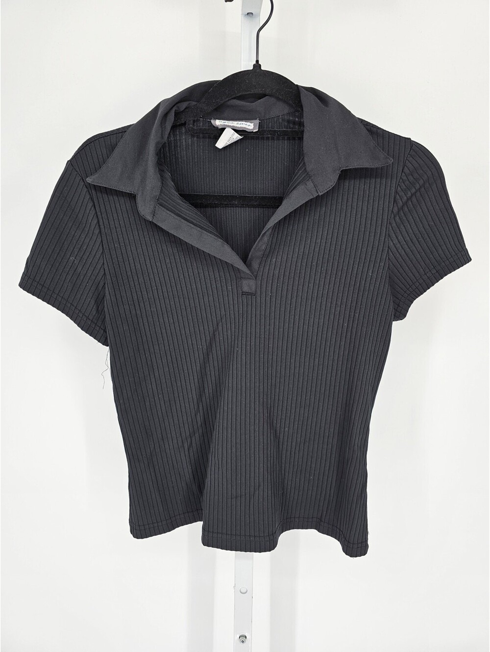 Vtg 1990s Aqua Blue Womens Sz S Short Sleeve Polo Shirt Black Ribbed